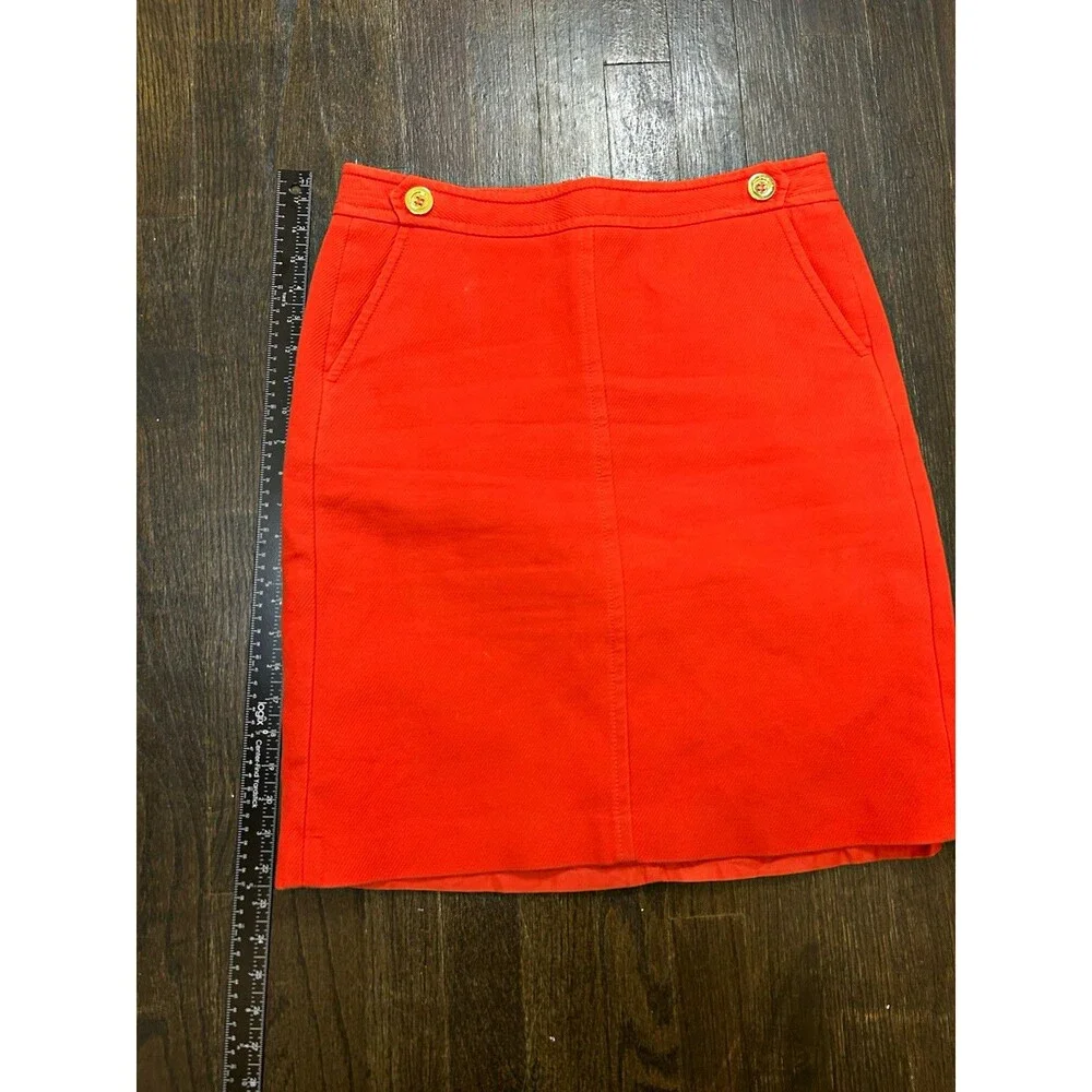 Talbots Orange/Red Twill Pencil Knee Skirt 8 Lined Pockets Zip Button Accent 20”